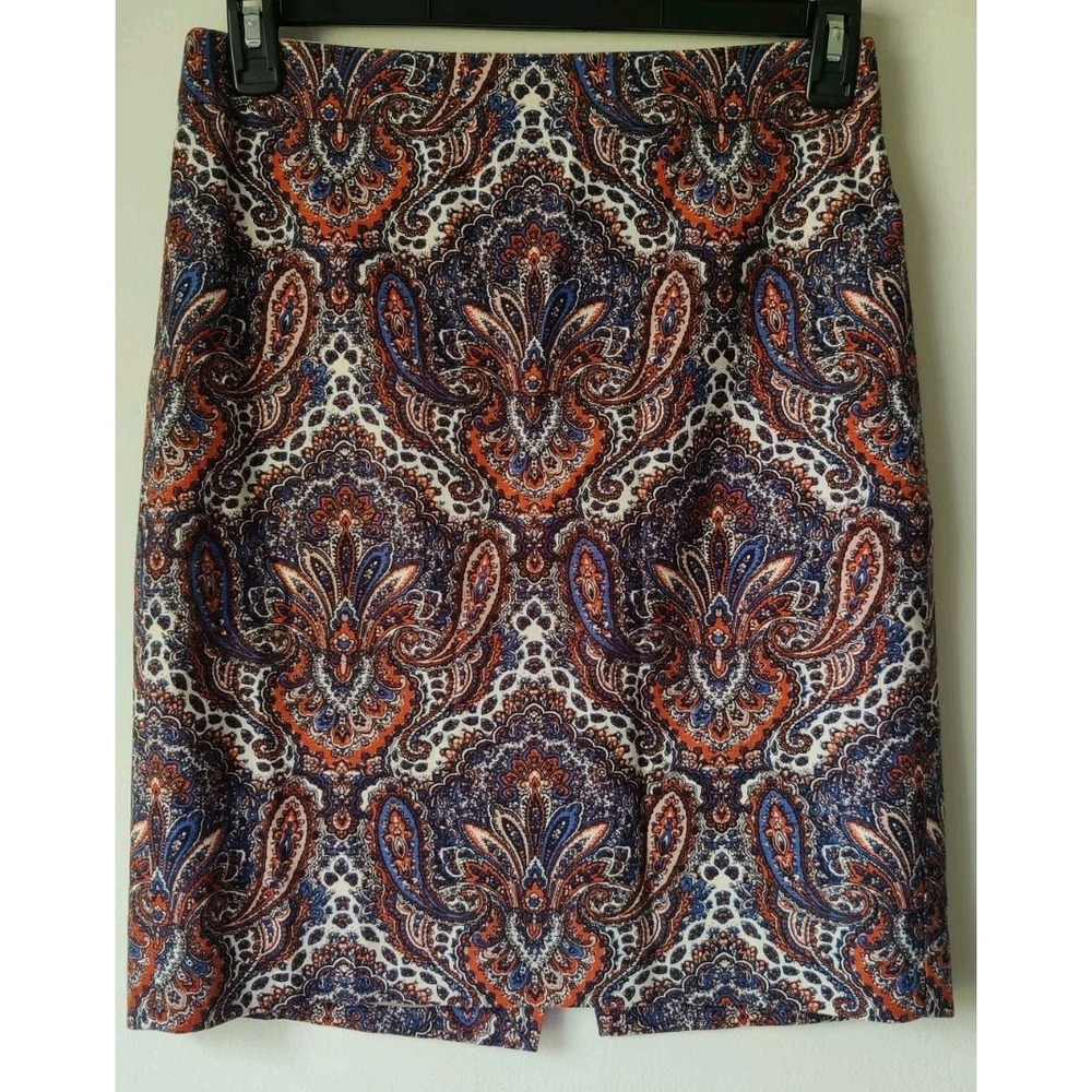 J. CREW Women's Pencil Skirt Orange/Blue Paisley Print Career Sz 4 Back Zip/Slit